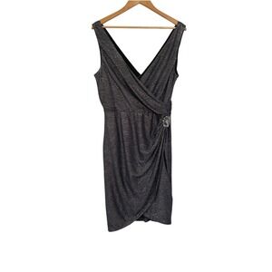 Maggy London Metallic Faux Wrap Cocktail Dress Size 14 Rhinestone Brooch Wedding